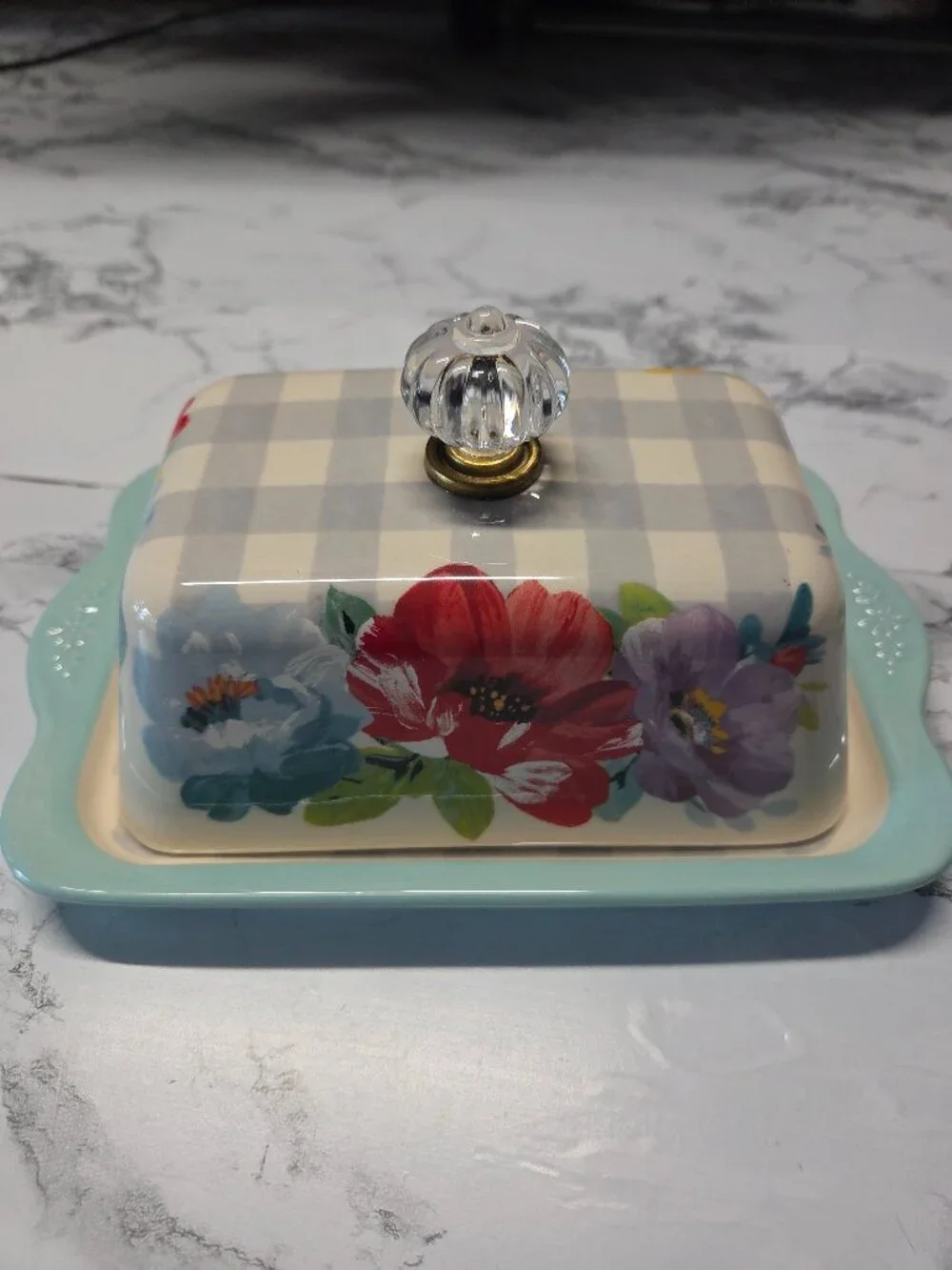 The Pioneer Woman Sweet Romance Covered Butter Dish Stoneware Gingham Floral